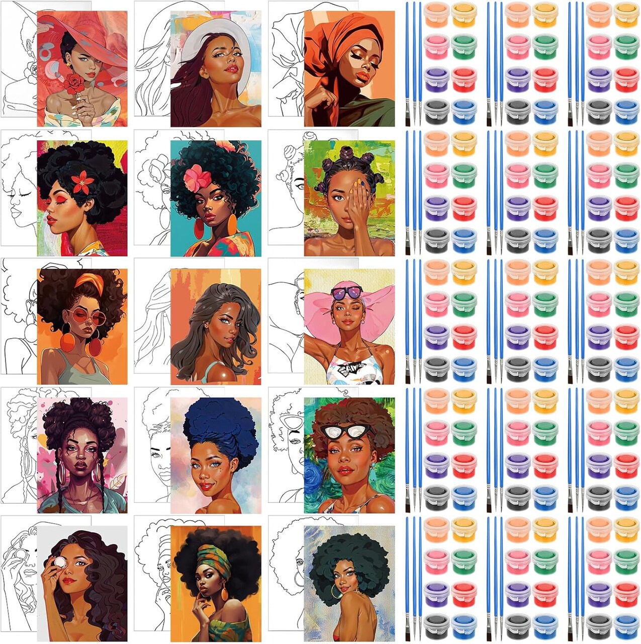 75 Pcs 15 Set Pre Drawn Canvas Kit for Painting Craft Sip and Paint Kit for Adults Elegant Black Women Pre Printed Canvas Painting Favor for DIY Black History Month Gifts Adult's Date Party